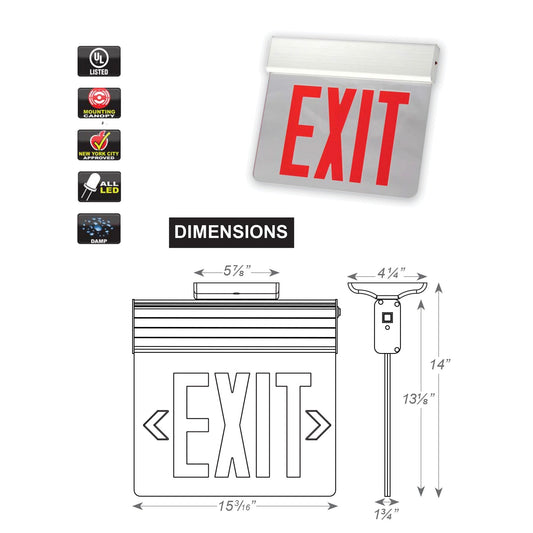 New York City Compliant Edge Lit Aluminum Red LED Exit Sign Single or Double Face