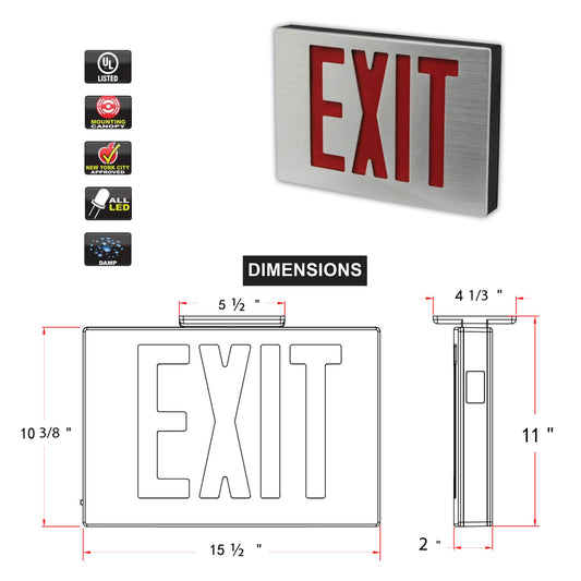 New York City Compliant Die-Cast Aluminum Red LED Exit Sign Single or Double Face
