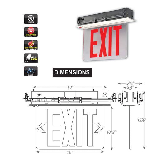 New York City Compliant Recessed Edge Lit Aluminum Red LED Exit Sign Single or Double Face
