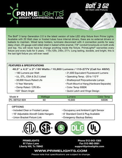 4ft. LED BOLT® GEN 2.0 – 3 Lamp LED Shop Light – Clear 10,800 lumens - Calc