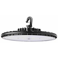 Commercial LED UFO high bay light fixture with hook mount and round lens (side view)